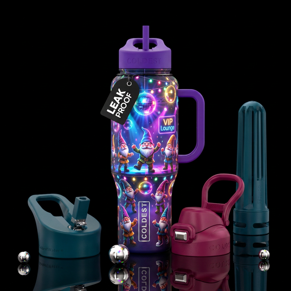 Dancing gnomes in a disco, with glowie disco balls... water bottle design