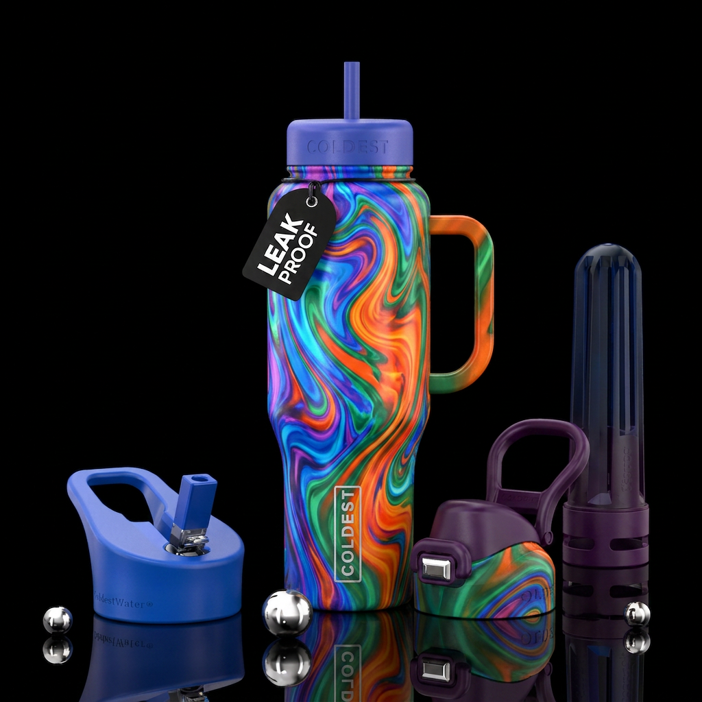 Swirls of vivid colors, abstract, water bottle design