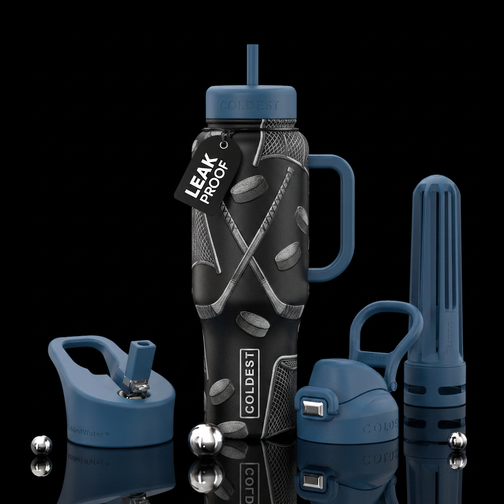 Hockey pucks, hockey sticks, hockey goals water bottle design