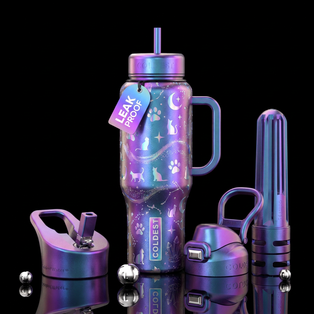 magic, cat, cartoon, irridescent water bottle design