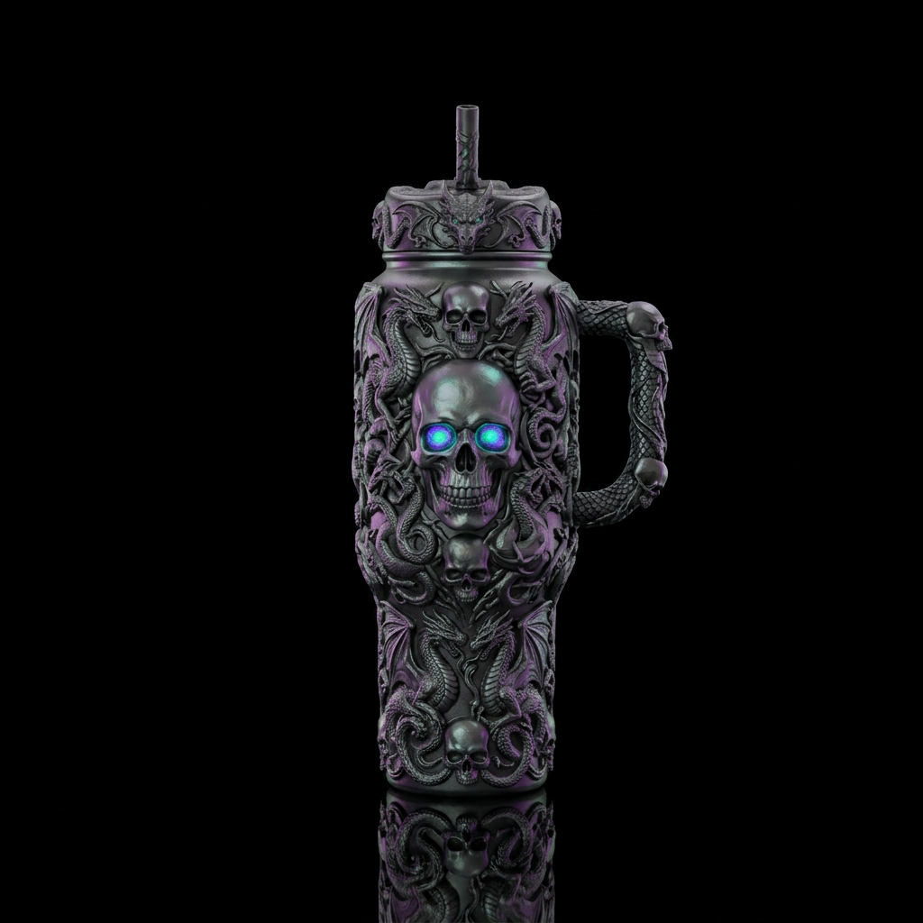 dark mood,skulls,, mythical, sculpted water bottle design