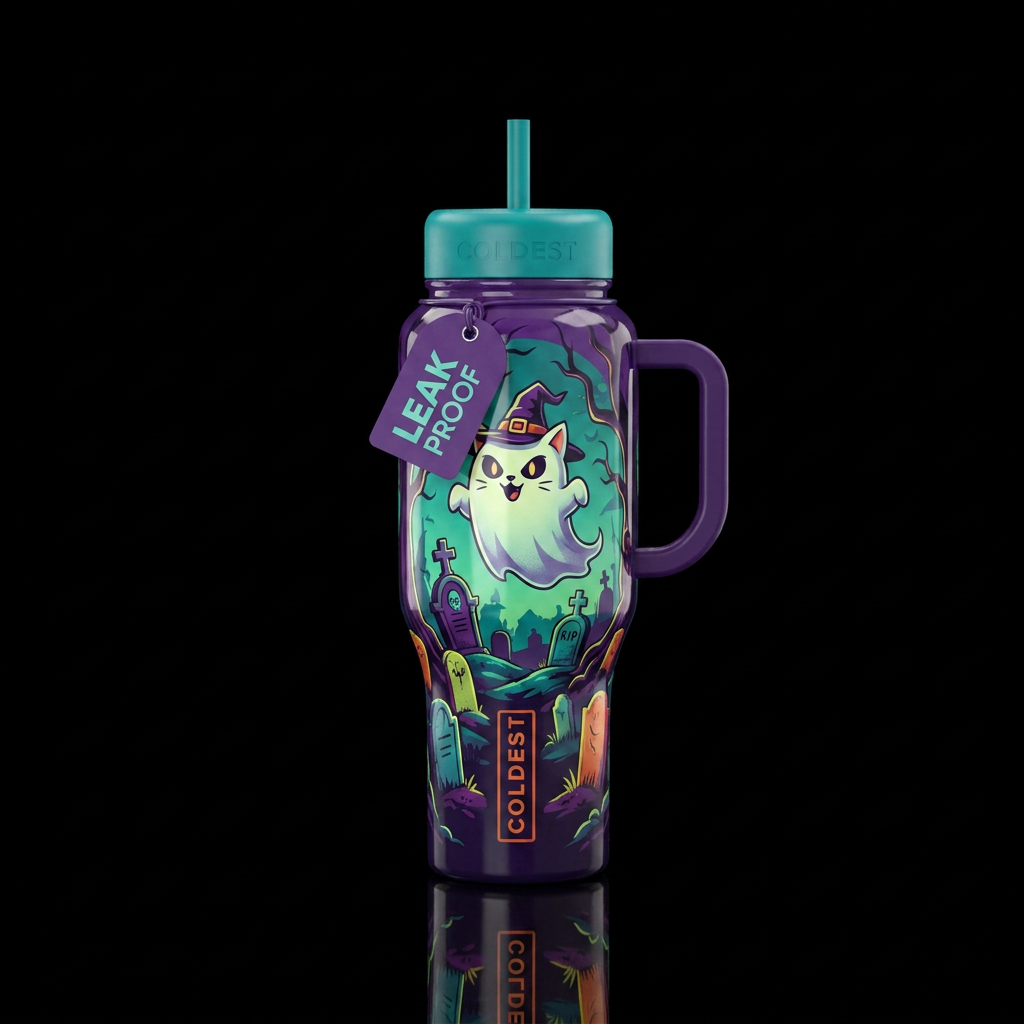 funny, haunted, cat water bottle design