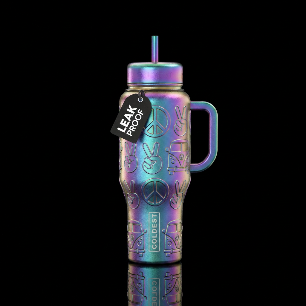 Iridescence bottle with peace signs, peace fingers... water bottle design