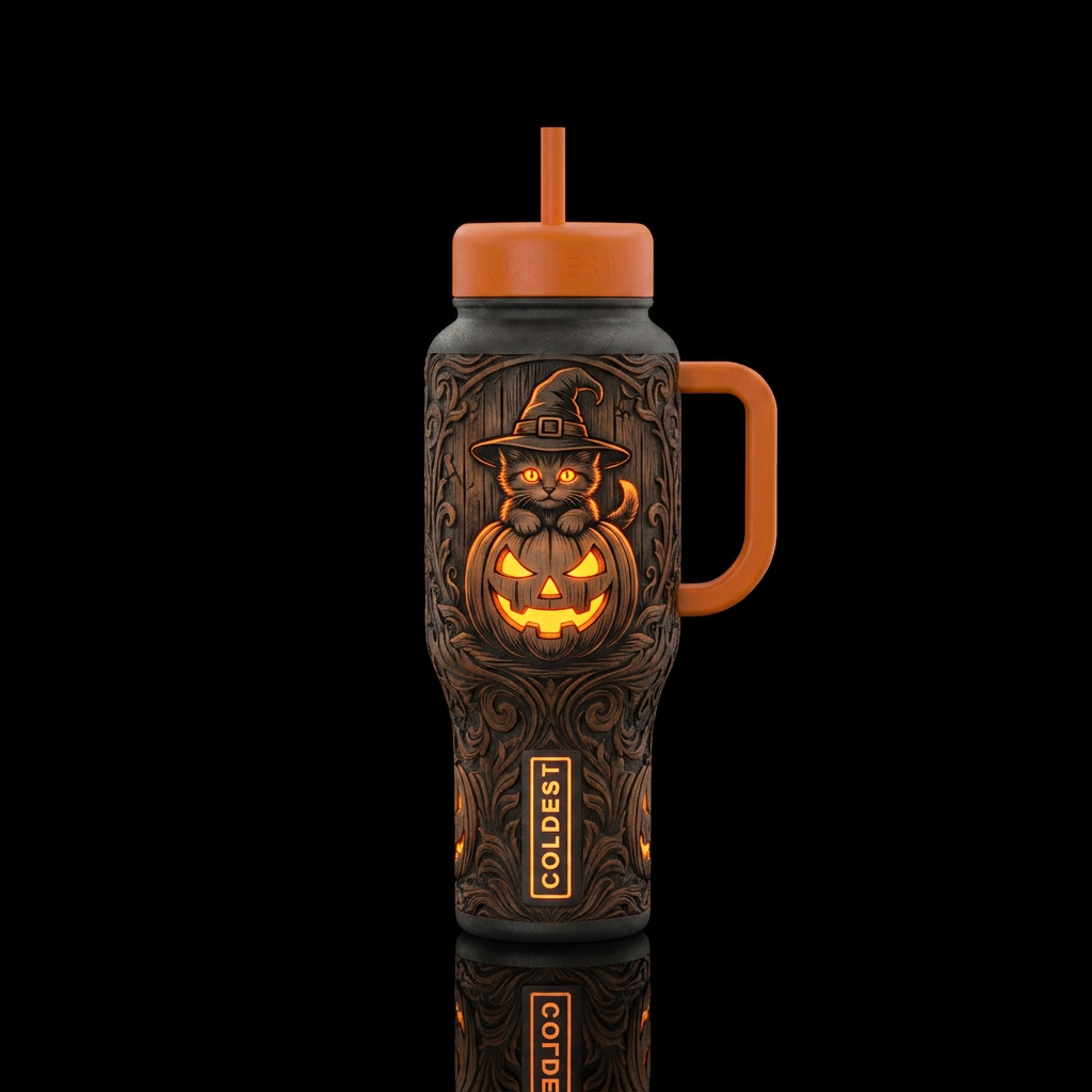 Carved Halloween pumpkin with a kitten sittin on i... water bottle design