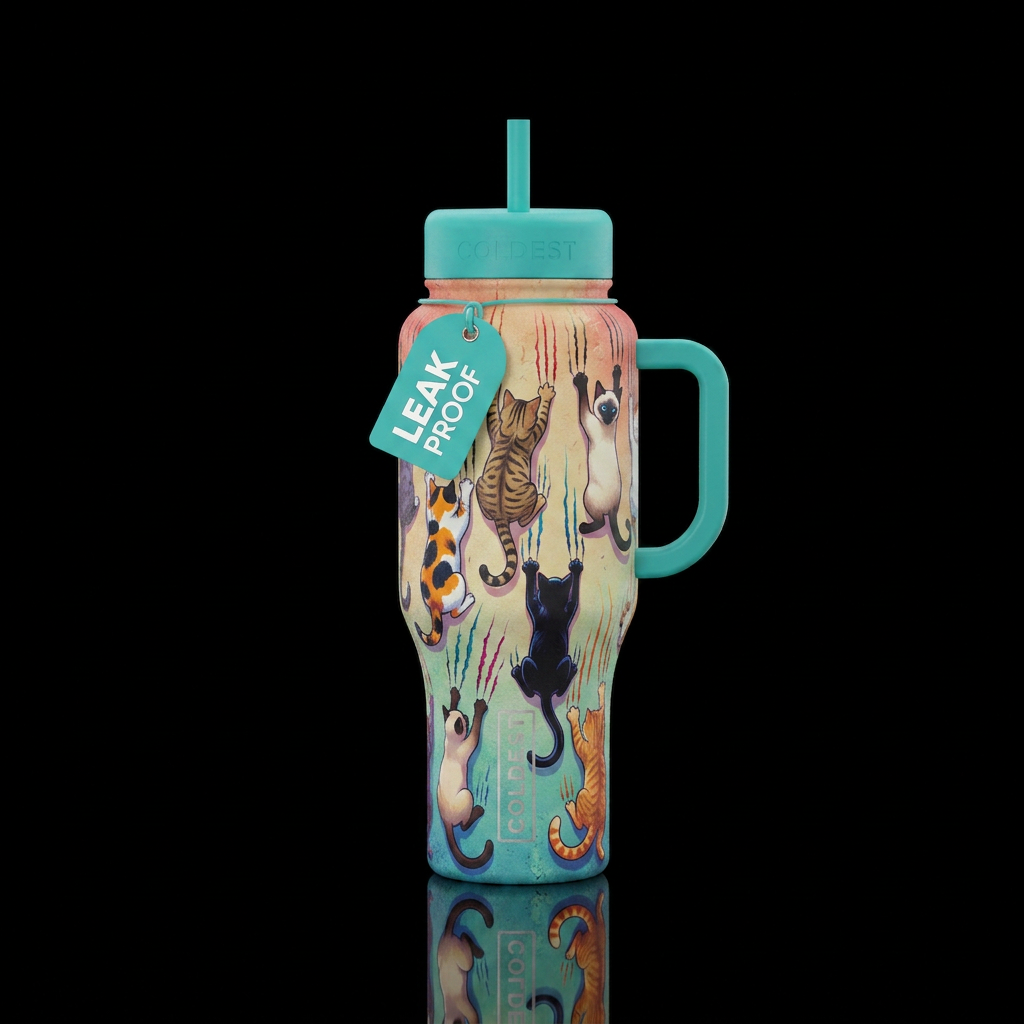 Cats going down a wall leaving claw marks,colorful... water bottle design