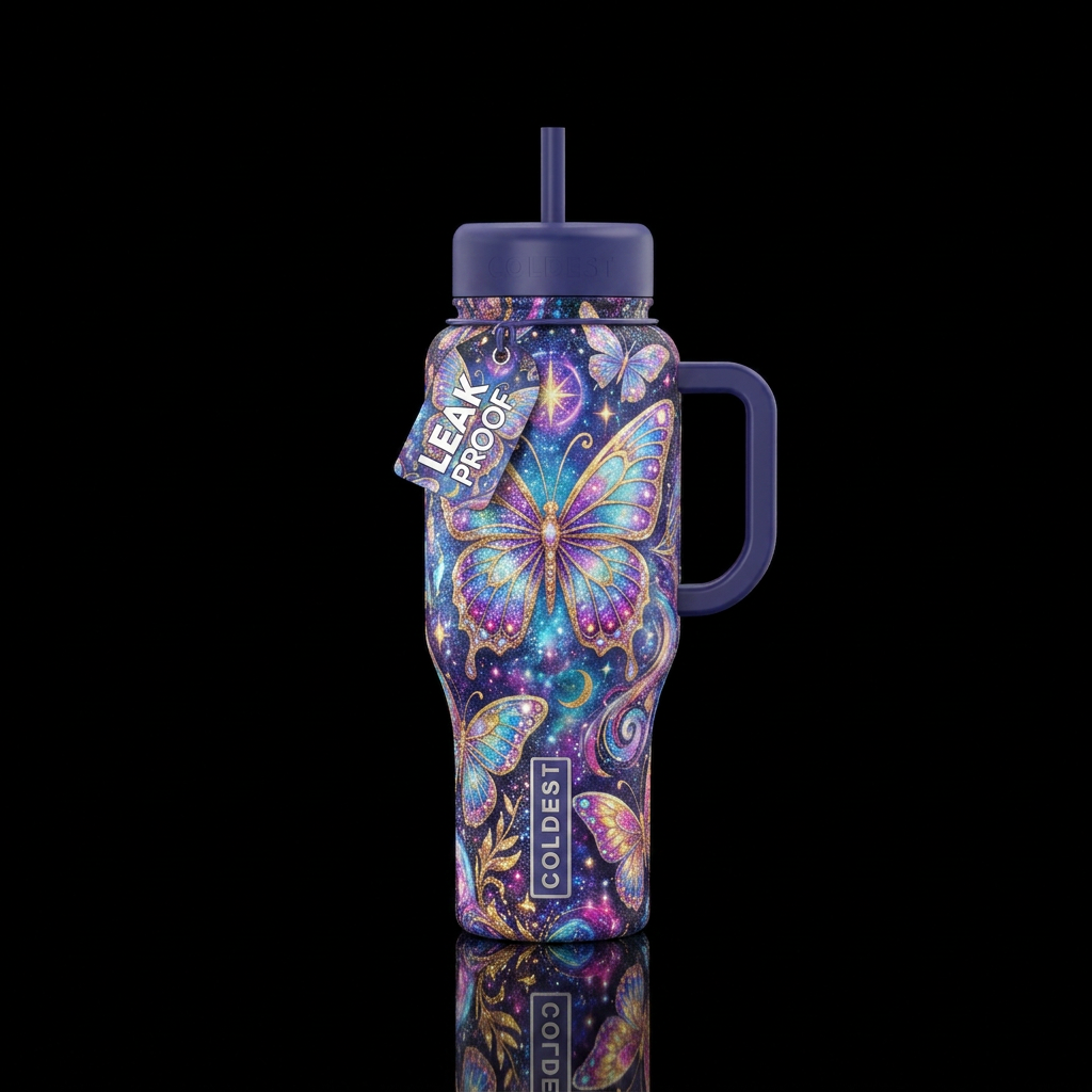vibrant, sparkly, butterfly, mythical water bottle design