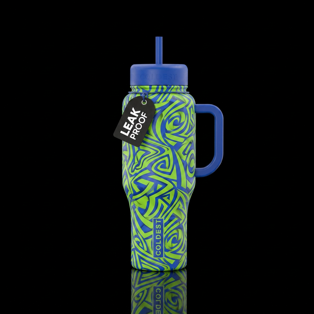 Lime green and colbalt blue. Make it crazy water bottle design