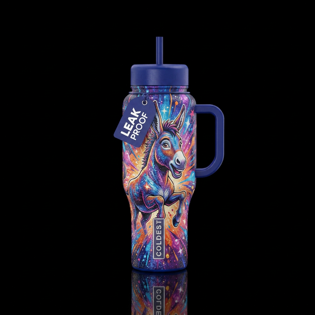 vibrant, sparkly, explosive, donkey water bottle design