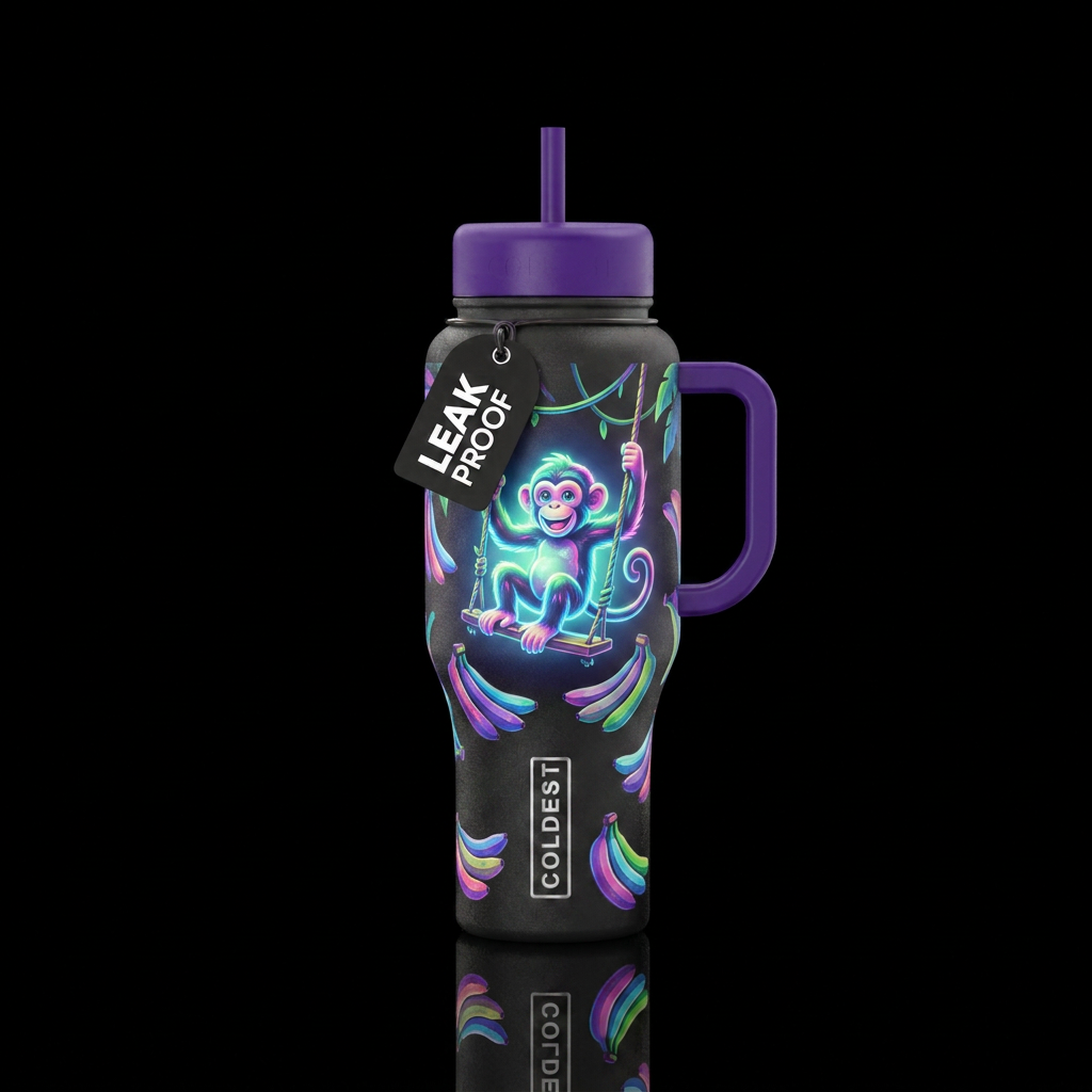 Glowie monkey swinging on a swing, colorful banana... water bottle design