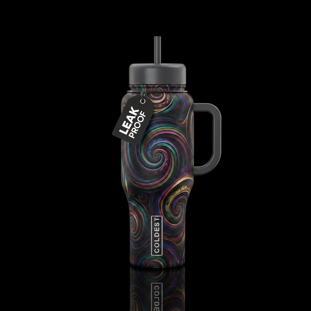 spirals, darkness, abstract water bottle design