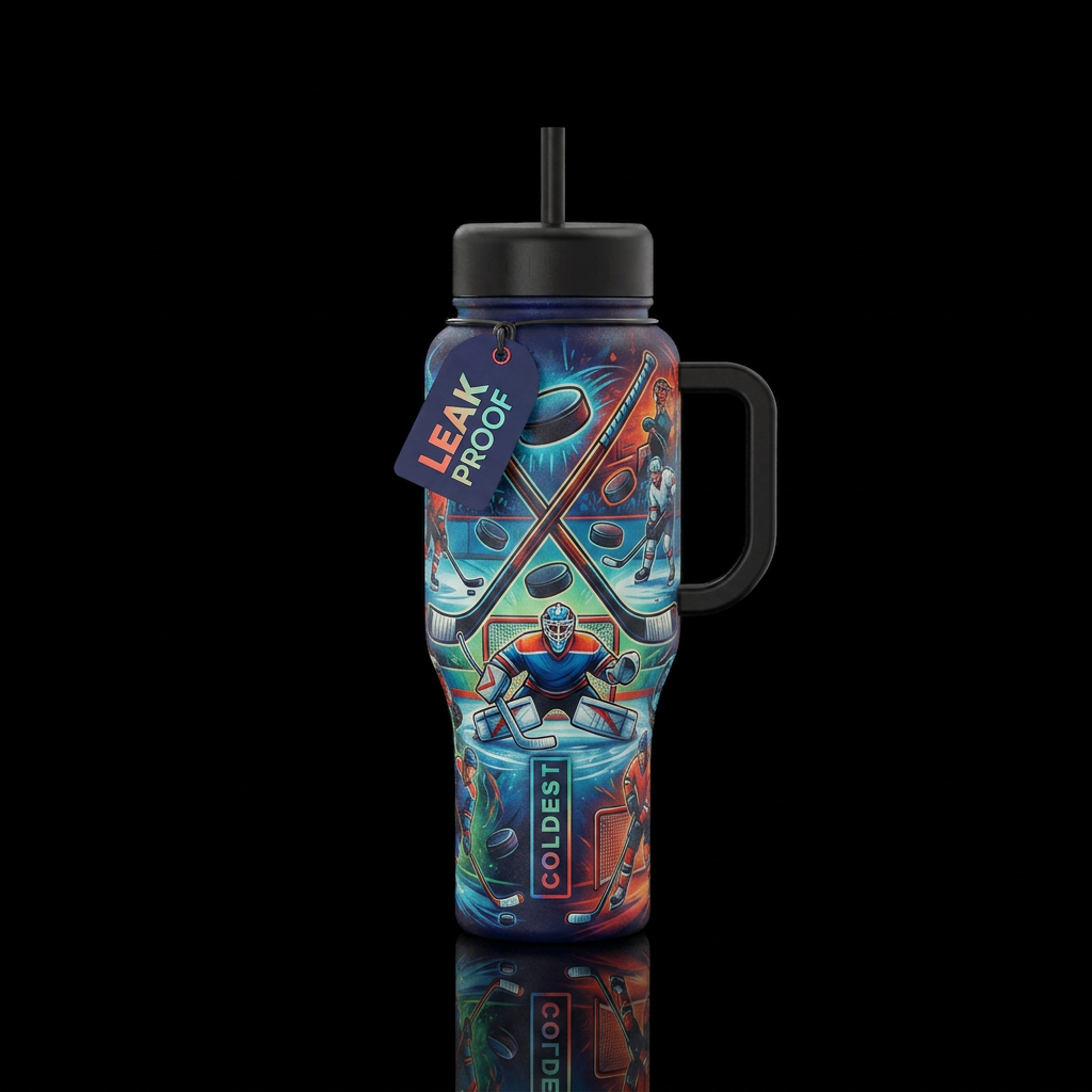 Hockey sticks, hockey pucks, hockey goals, hockey ... water bottle design