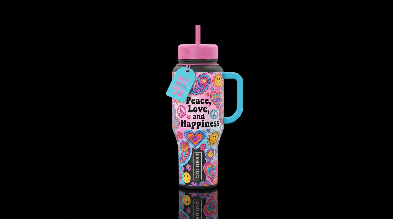 Peace, love, and happiness written in blackBright ... water bottle design