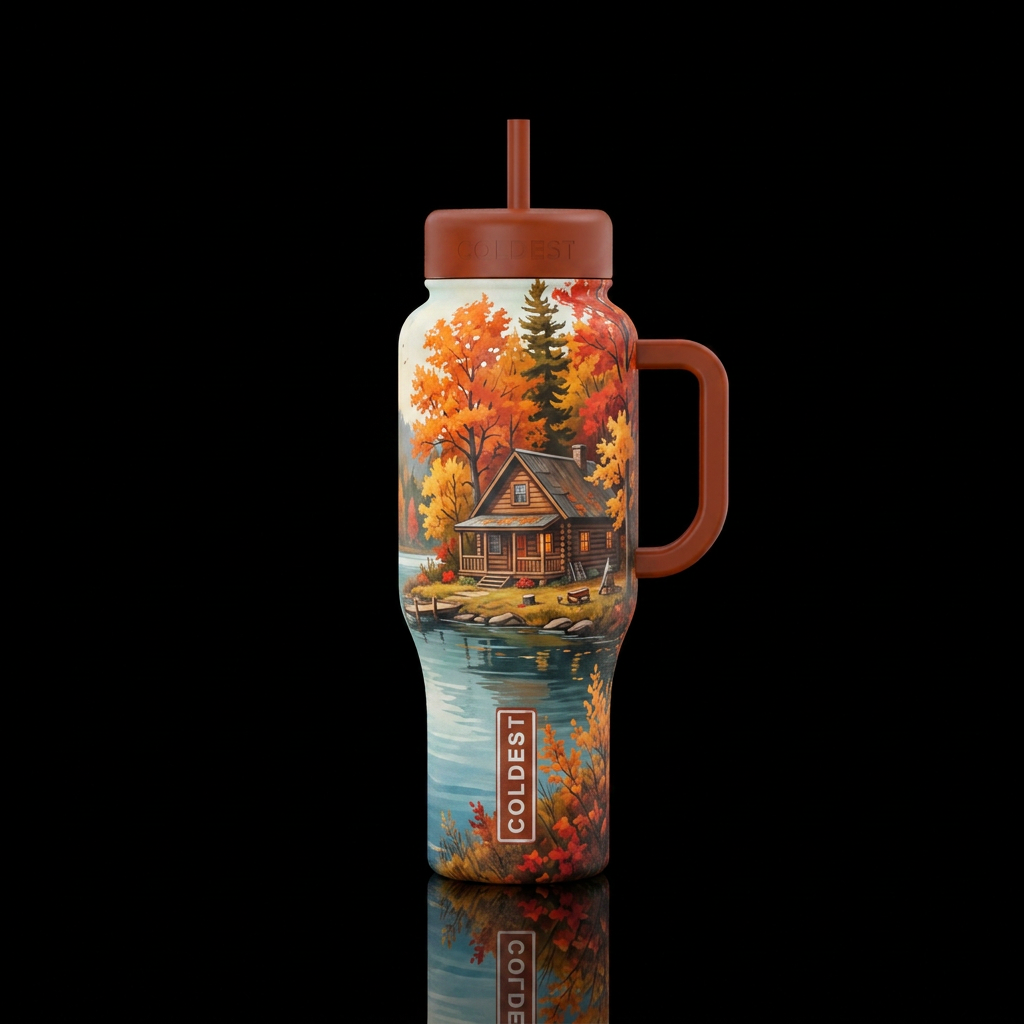 rustic cabin on a lake, fall colored trees, countr... water bottle design