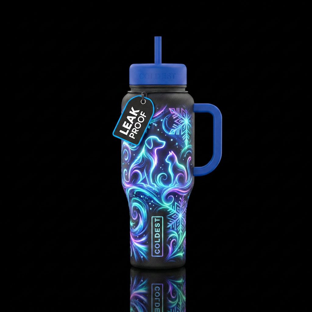 winter wonderland, glowie, abstract, dog, cat water bottle design