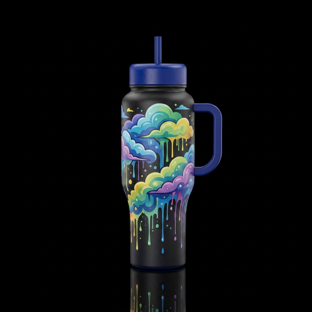 clouds, abstract, whimsical, dripping water bottle design