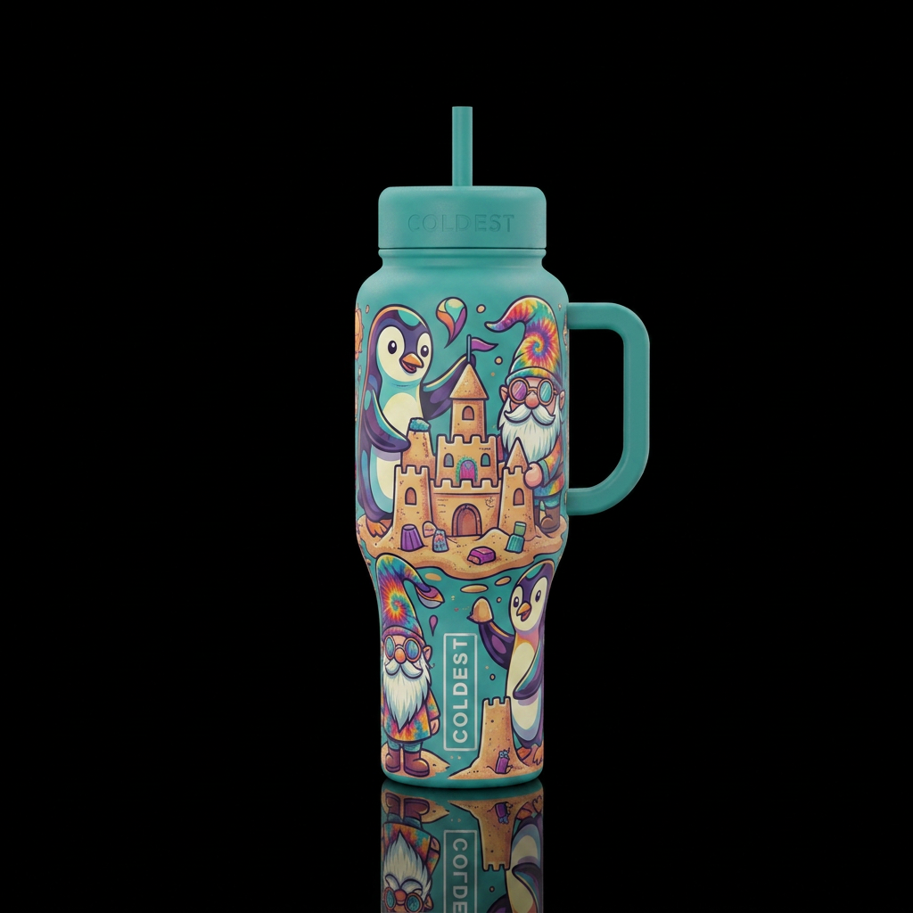 abstract penguins building a sand castle with hipp... water bottle design
