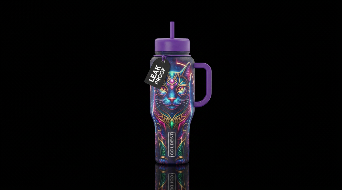glowie,, vibrant, old, abstract, cat water bottle design
