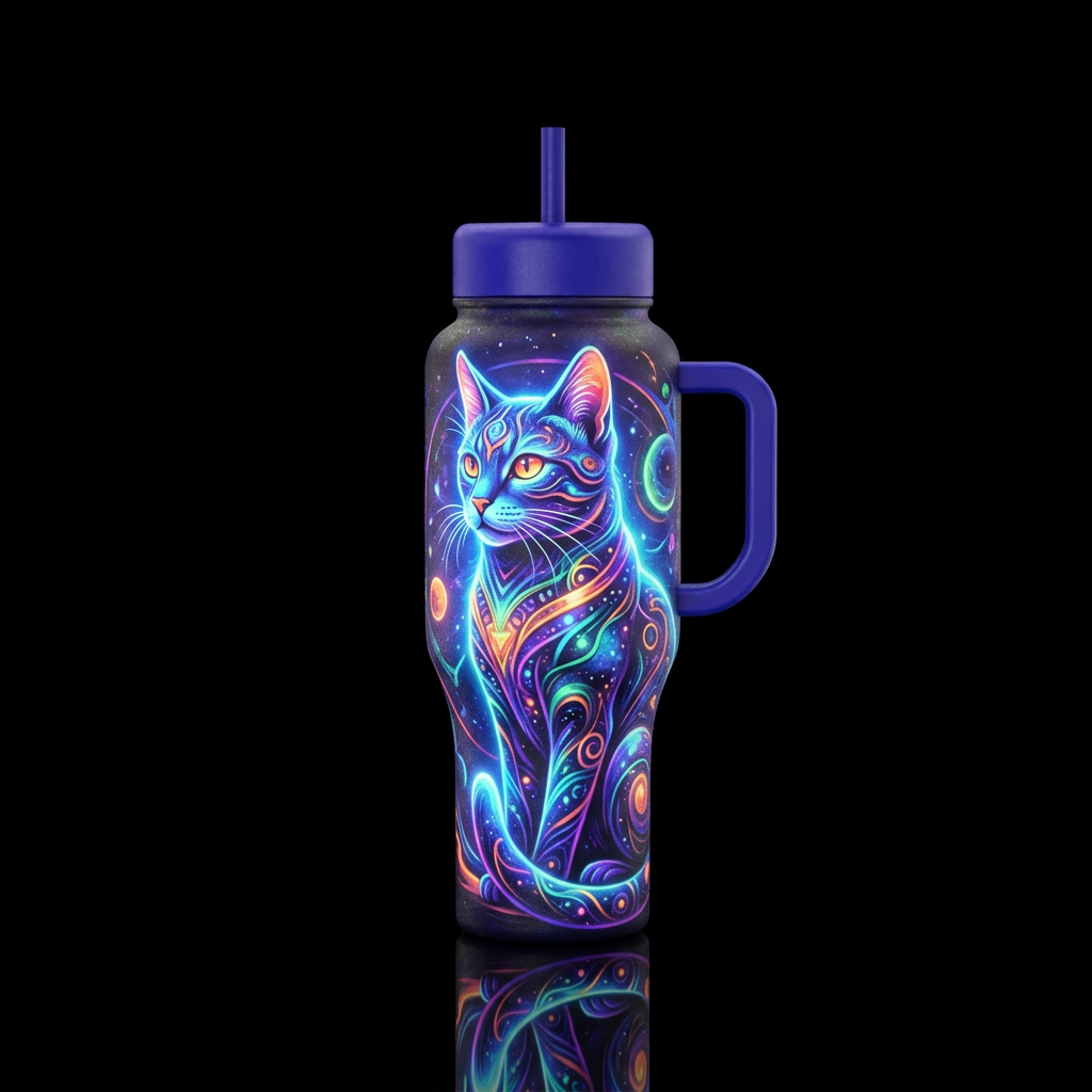 glowie,, vibrant, old, abstract, cat water bottle design
