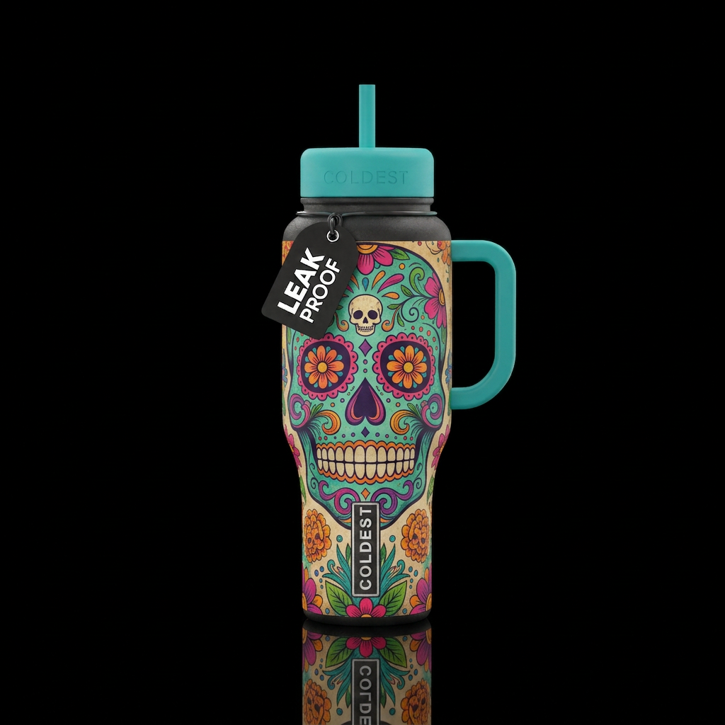 hand drawn, vibrant, old, abstract, day of the dea... water bottle design