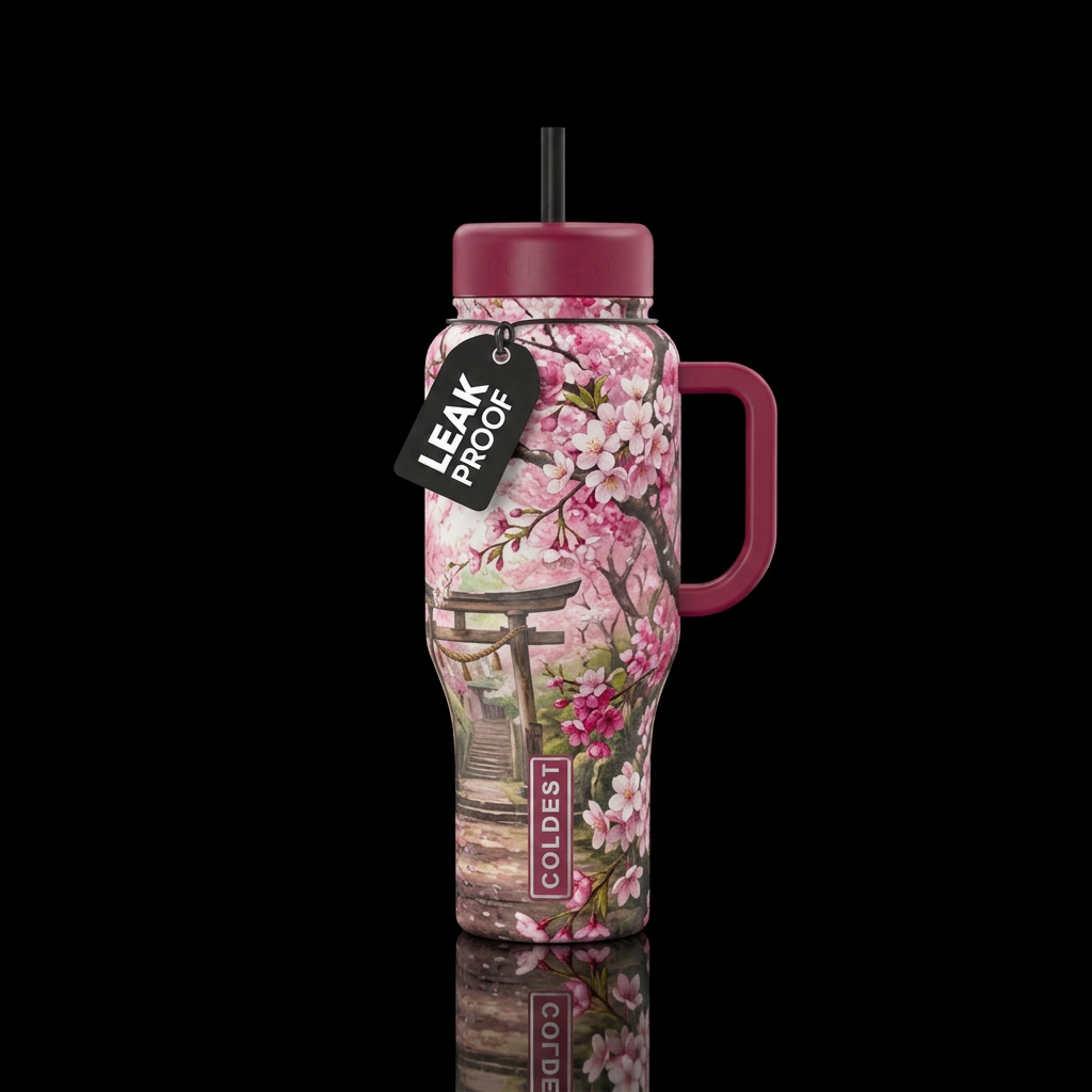 old, vibrant, cherry blossom season water bottle design