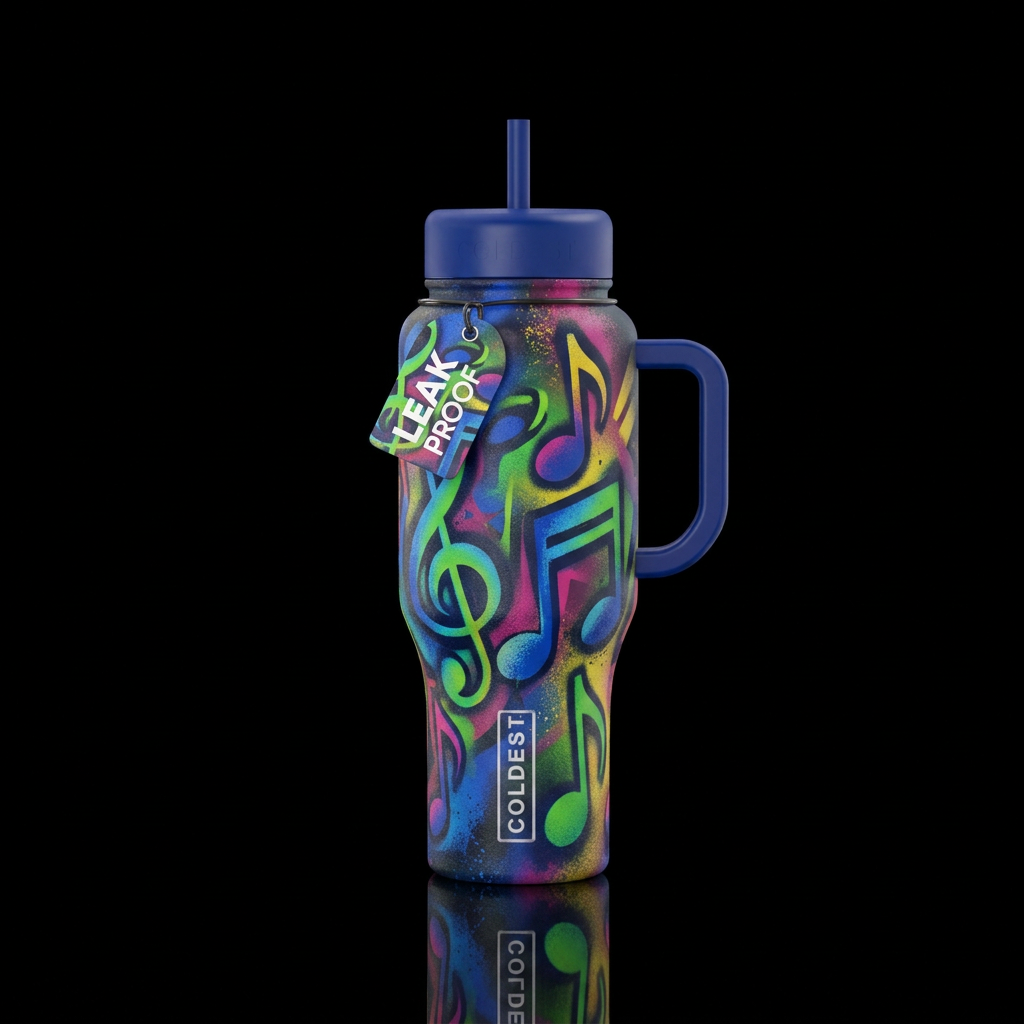 music notes, abstract, darkness, spray painted water bottle design