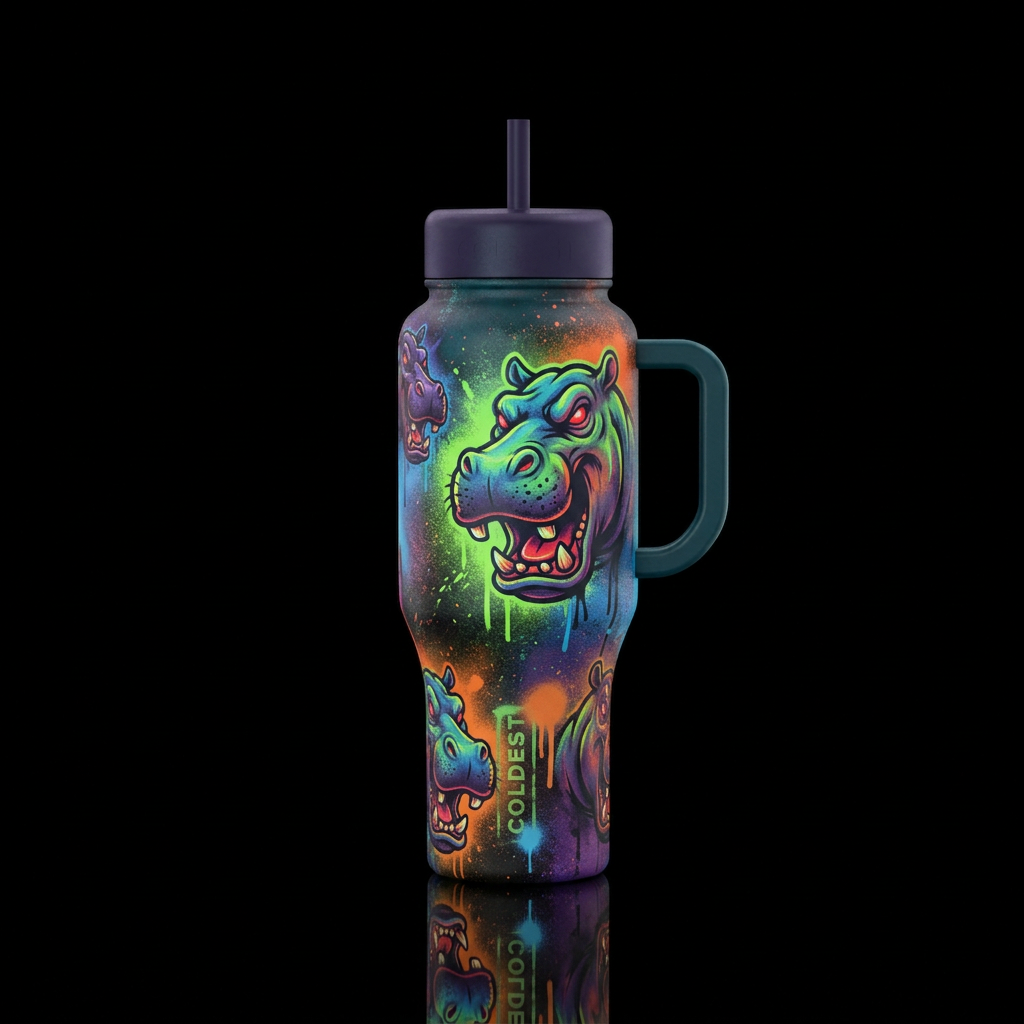 spray painted,, scary hippos water bottle design