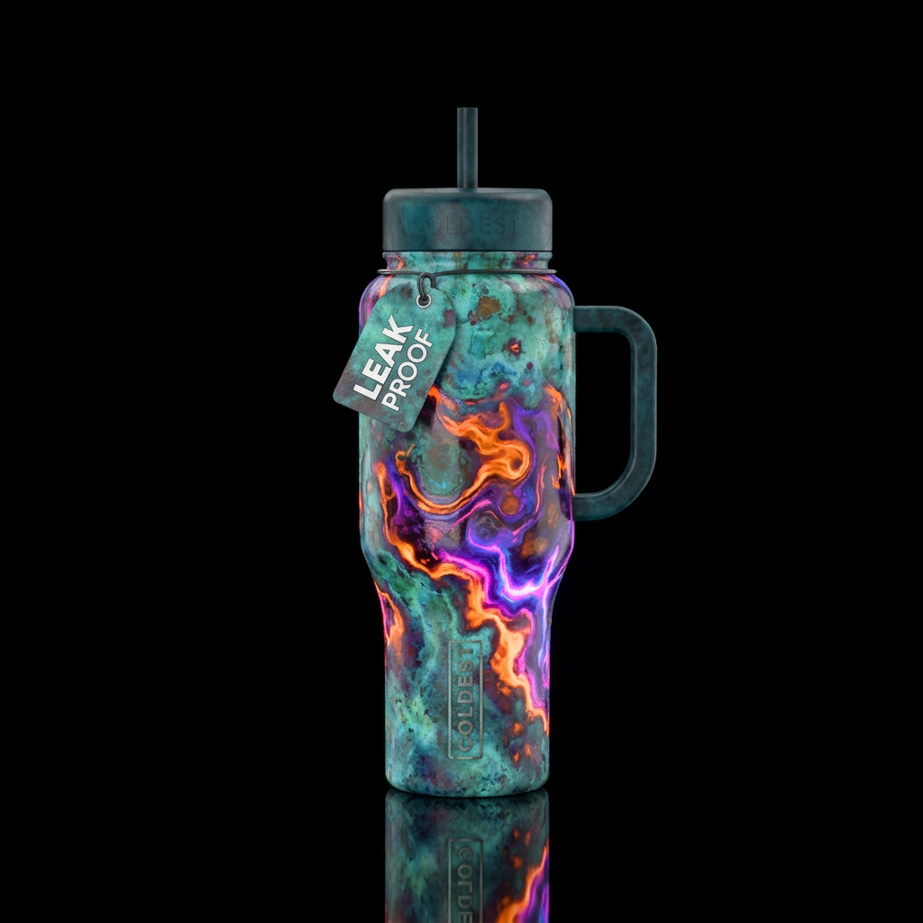 patina, glowie, vibrant water bottle design