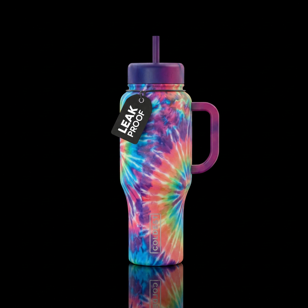 utopian, vibrant, abstract, tie-dye water bottle design