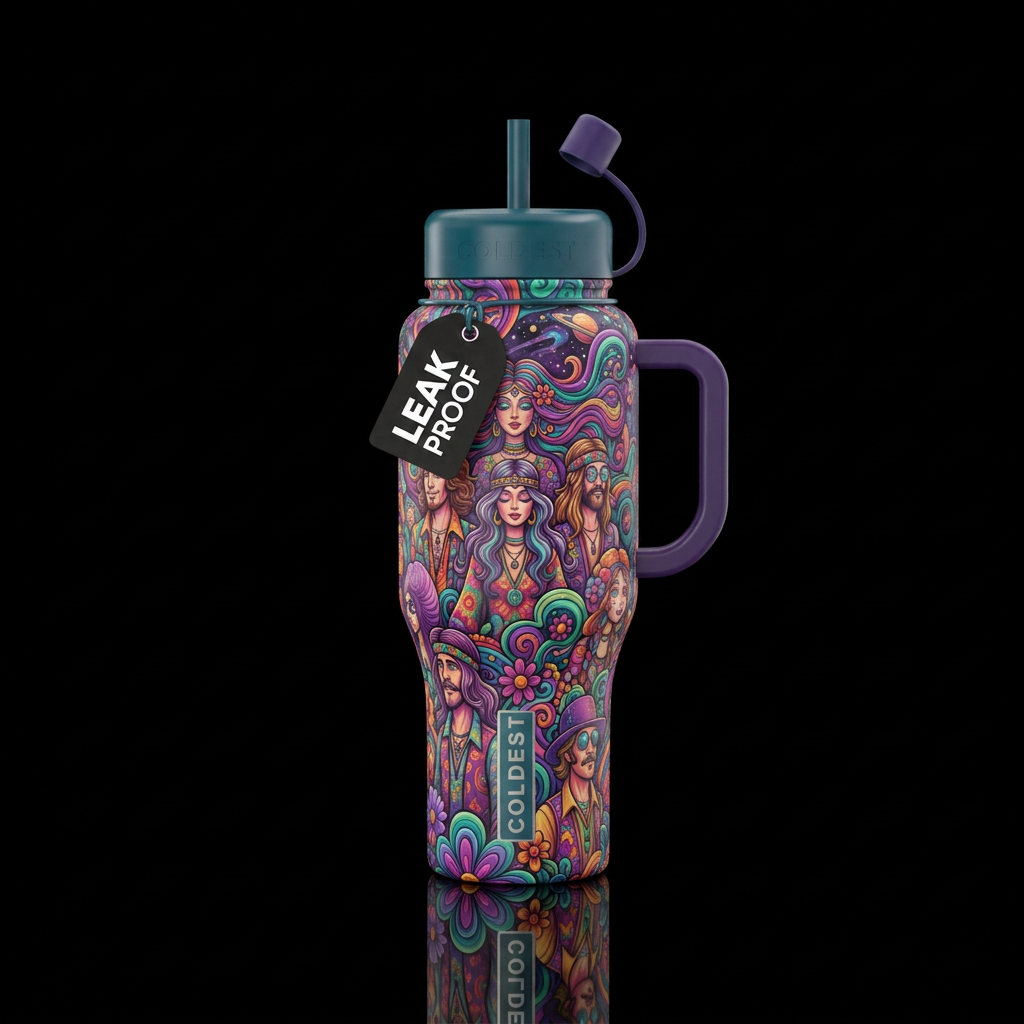 Trippy hippie people water bottle design