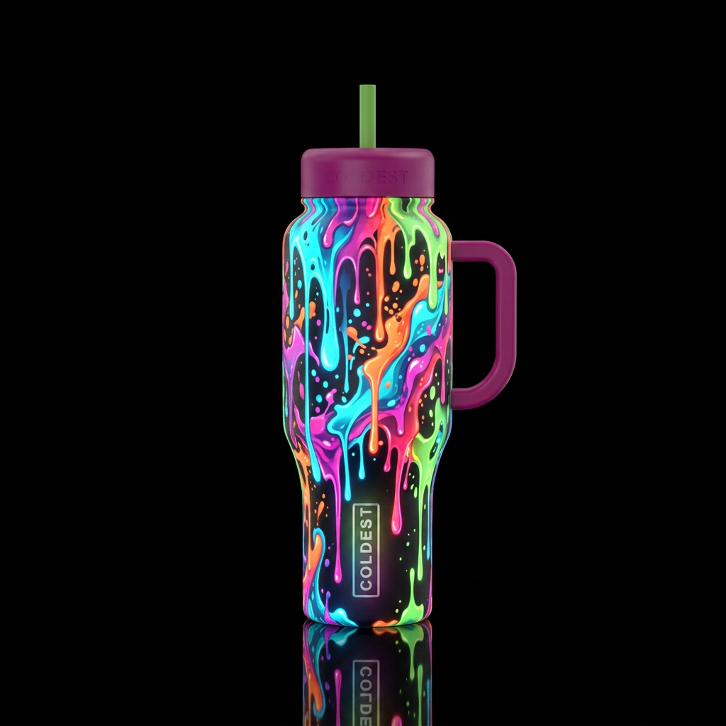 dripping, abstract, glowie, vivid colors water bottle design