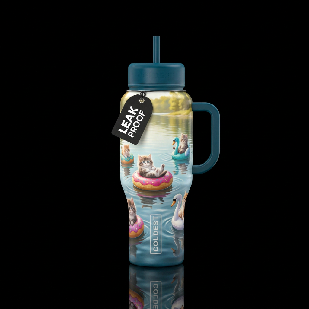 Fluffy cuddle kitties, sitting on floaties in a la... water bottle design