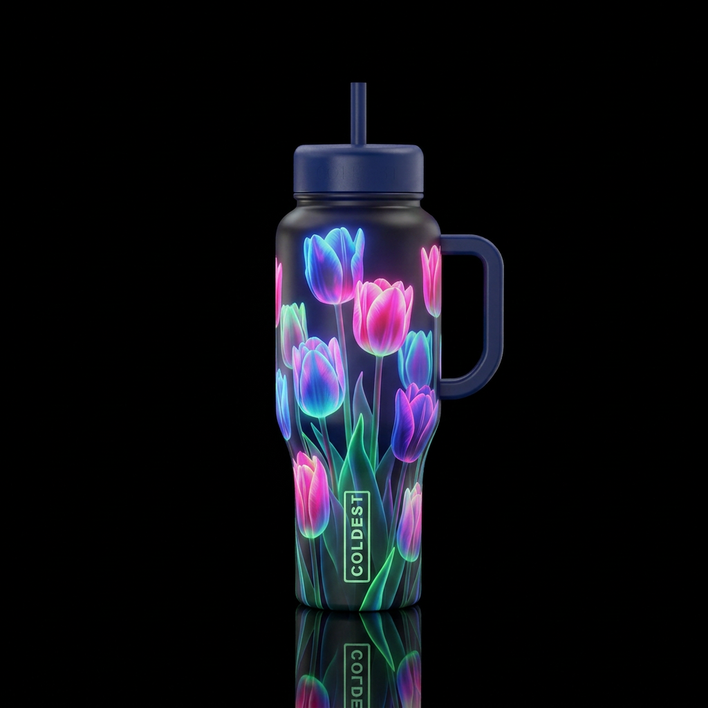 neon, glowie tulips water bottle design