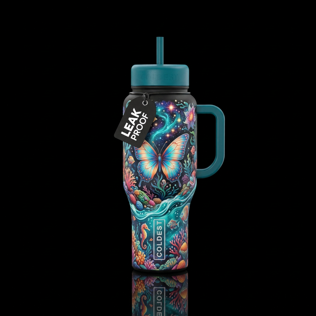 ocean, butterfly, vibrant, wonderland water bottle design