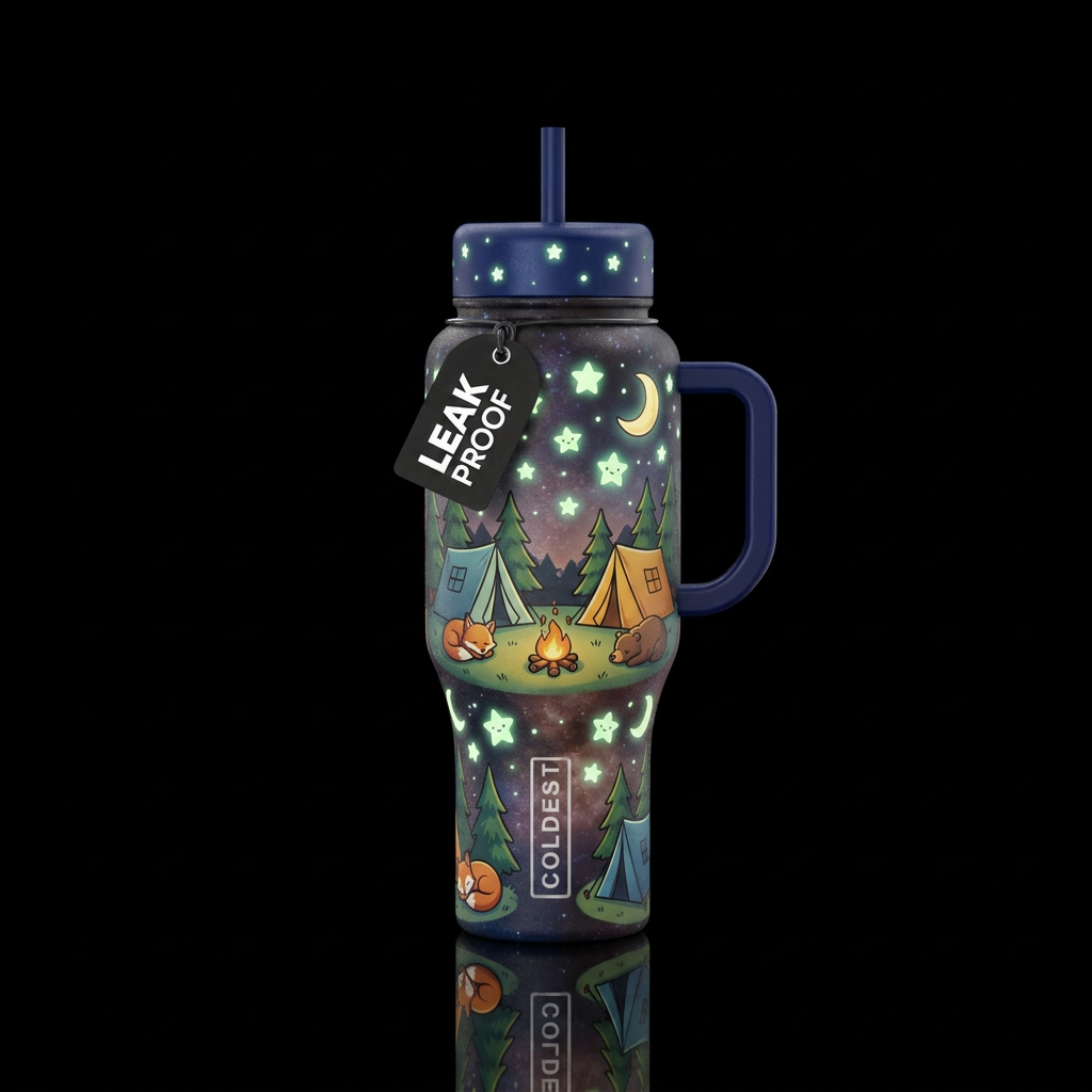 cartoon camping, stars and moon glowie water bottle design