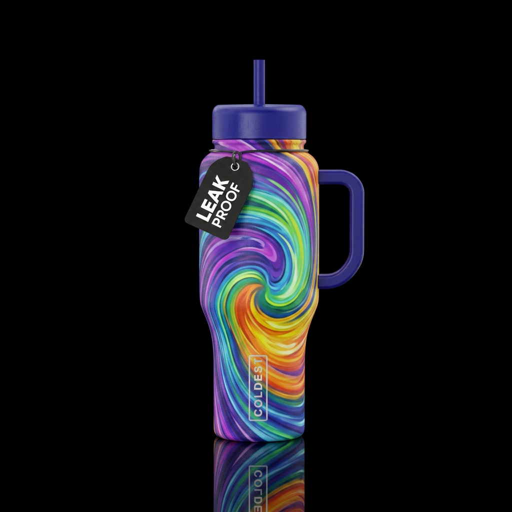 Flowing vivid colors in a circular motion water bottle design
