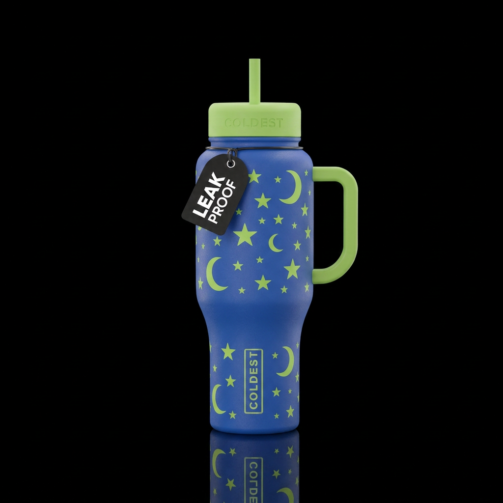 Colbalt blue bottle, with lime green stars and moo... water bottle design