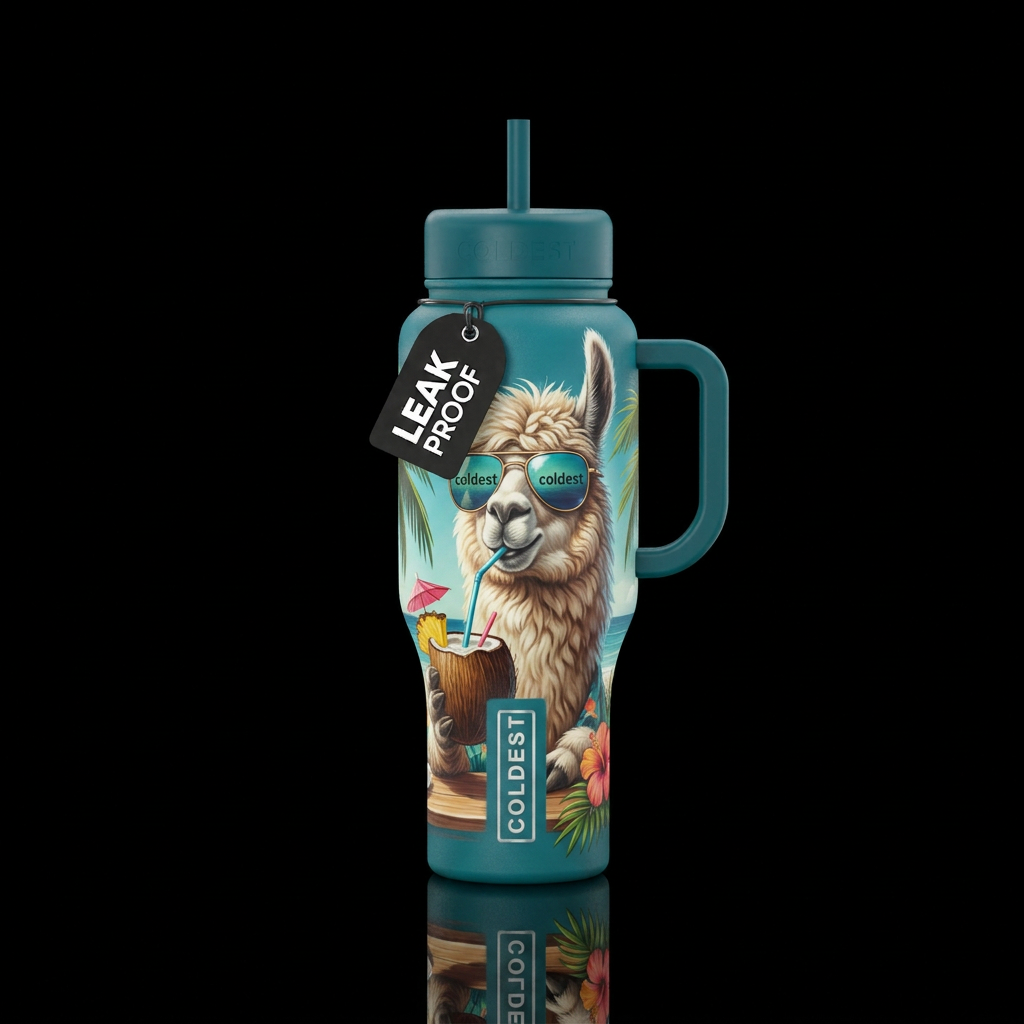 A fluffy llama wearing coldest sunglasses sipping ... water bottle design