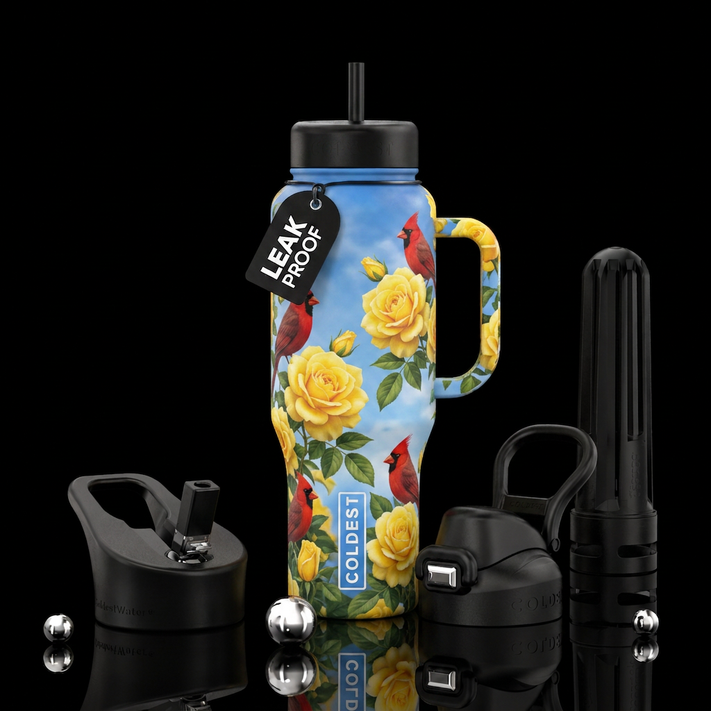 Water bottle with yellow roses and red birds again... water bottle design