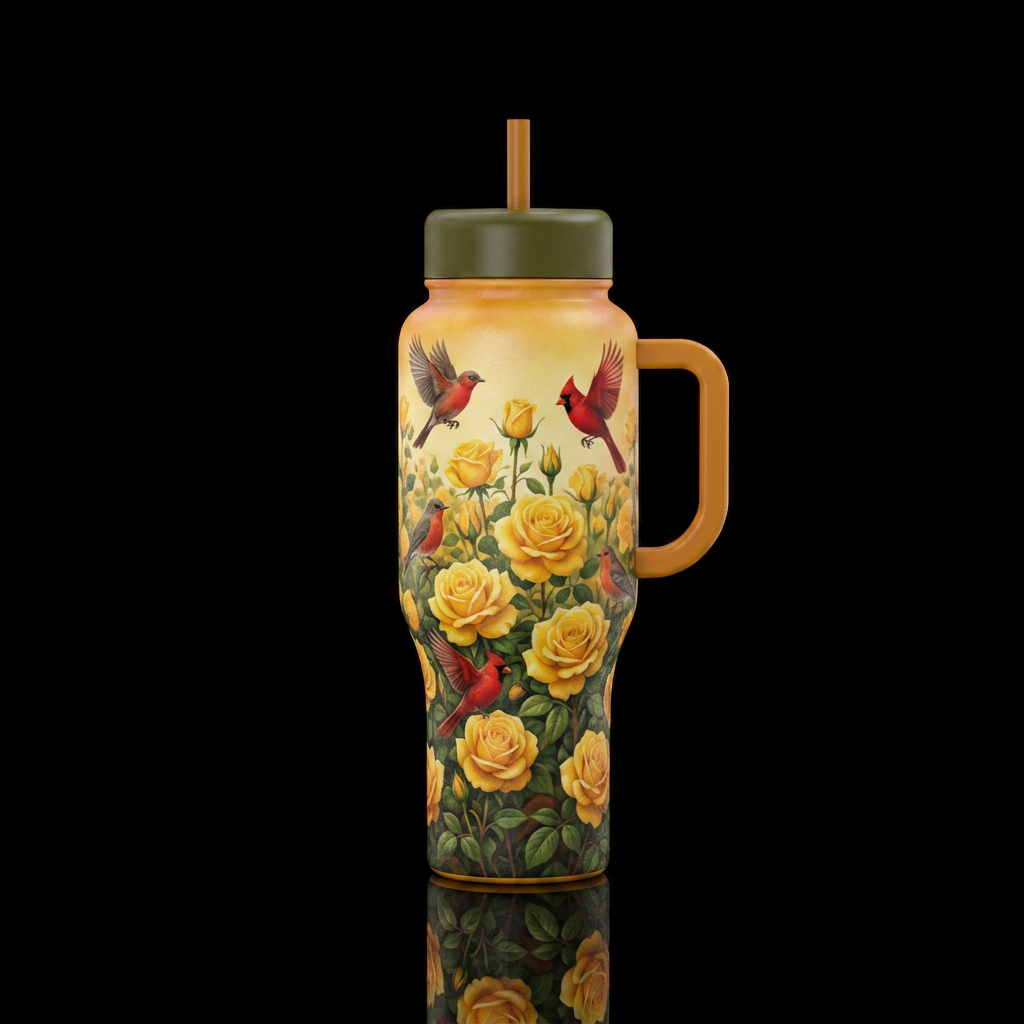 Field full of yellow Rose's and red birds flying a... water bottle design