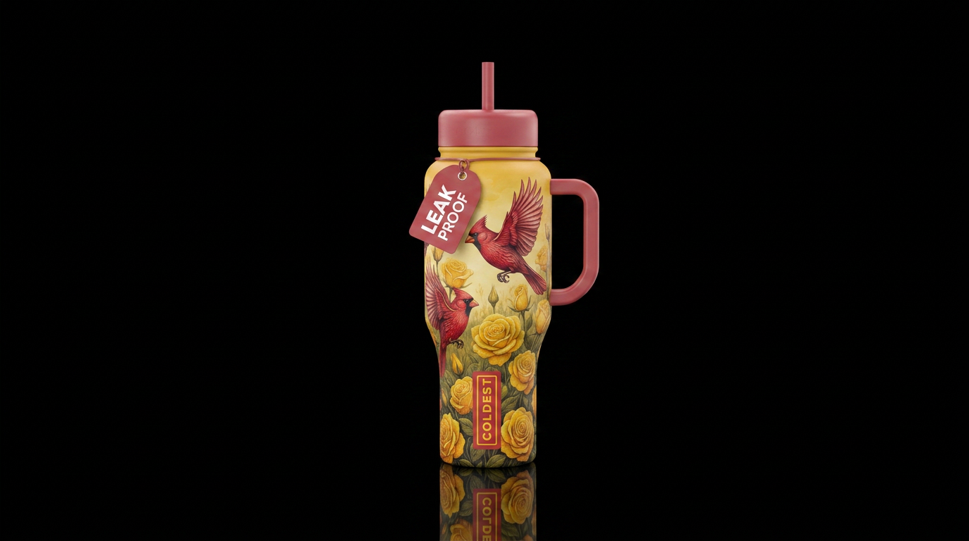 Field full of yellow Rose's and red birds flying a... water bottle design