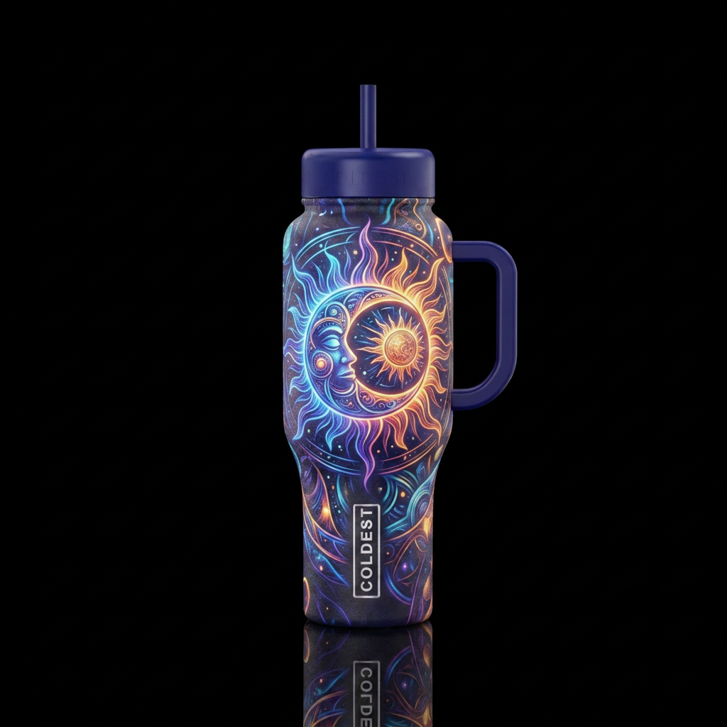 Abstract sun and moon glowie water bottle design