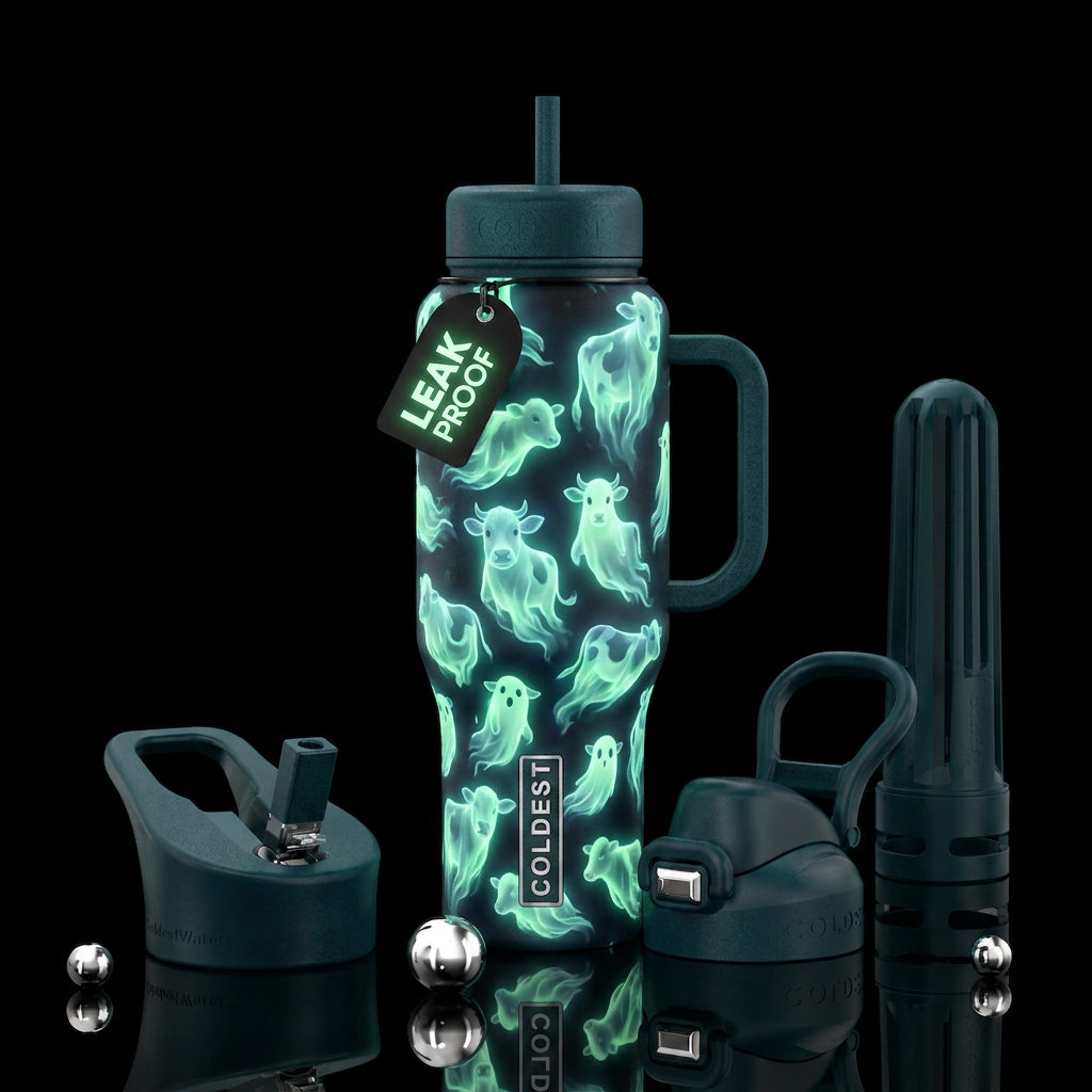 Ghost cows glow in the dark water bottle design