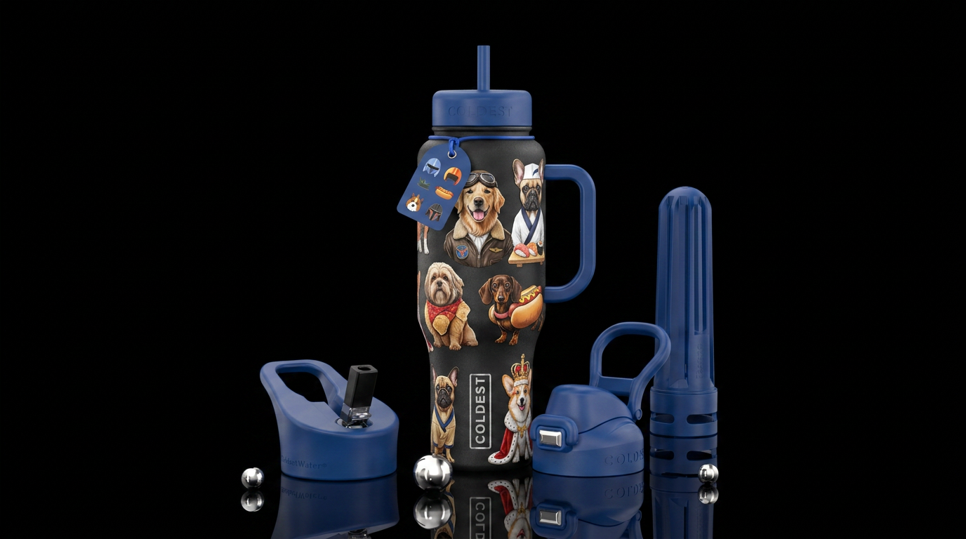 Dogs in costumes water bottle design