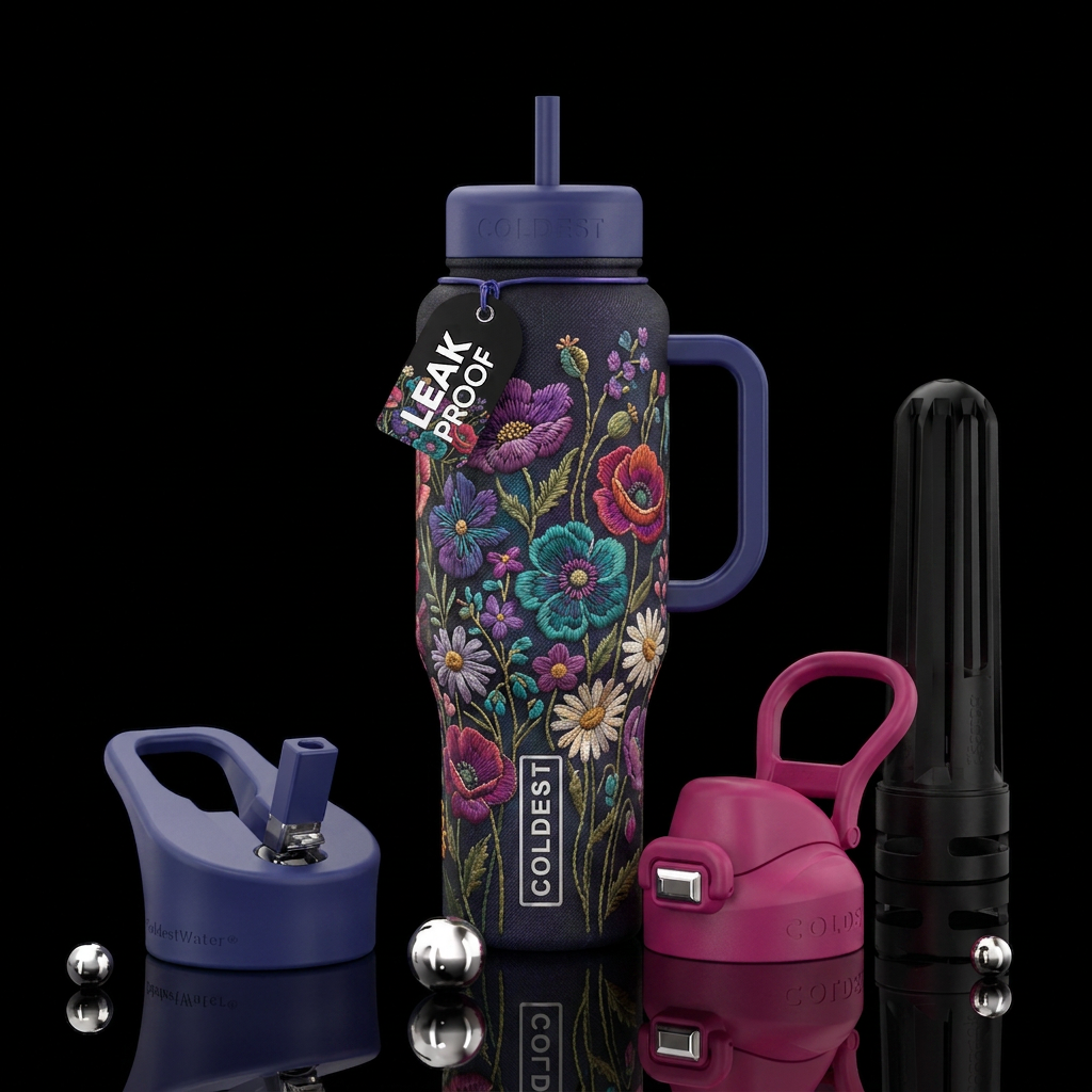 Stitched flowers water bottle design