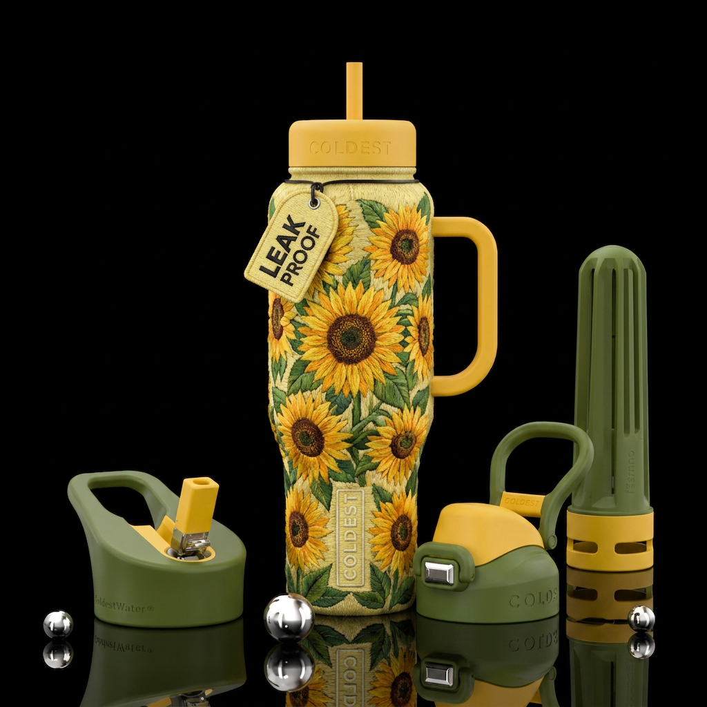 Stitched sunflowers water bottle design
