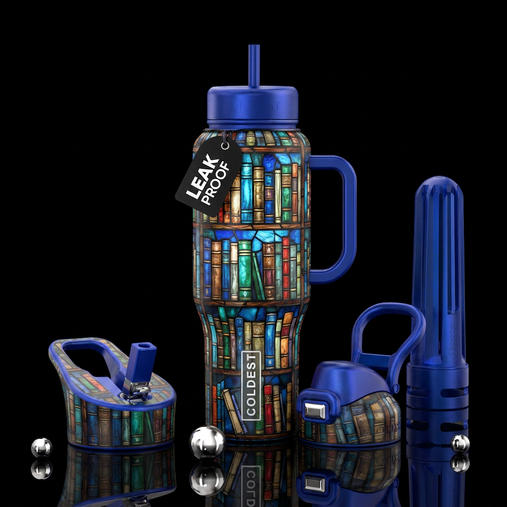Stained glass, books water bottle design