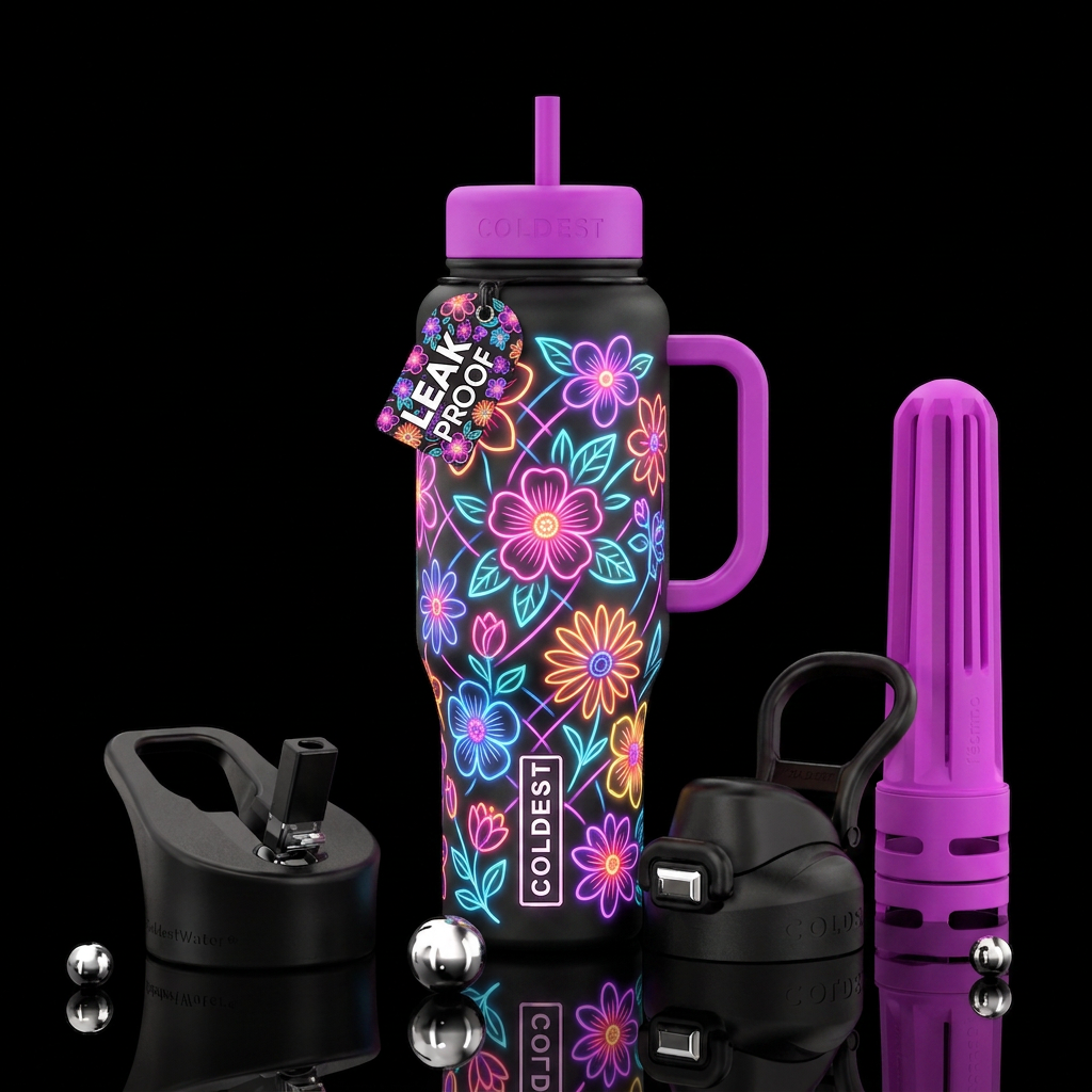 Neon, flowers water bottle design