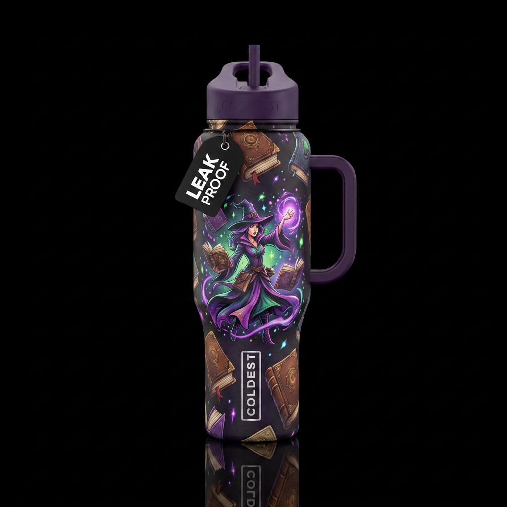 Books, witch water bottle design
