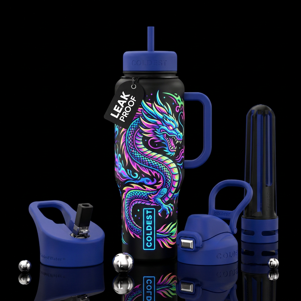 Neon, dragons water bottle design