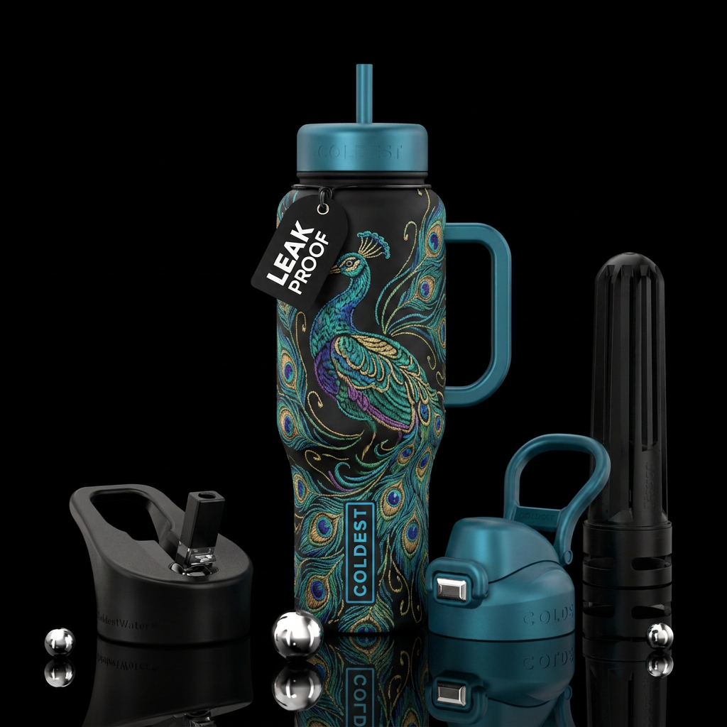 Stitched peacock water bottle design